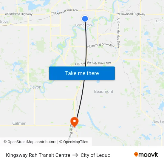 Kingsway Rah Transit Centre to City of Leduc map