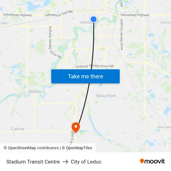 Stadium Transit Centre to City of Leduc map