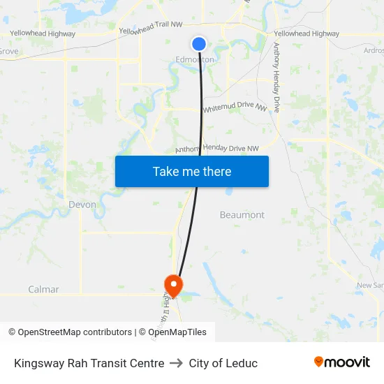 Kingsway Rah Transit Centre to City of Leduc map