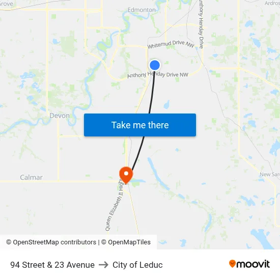 94 Street & 23 Avenue to City of Leduc map