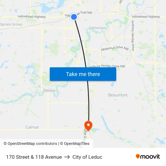170 Street & 118 Avenue to City of Leduc map