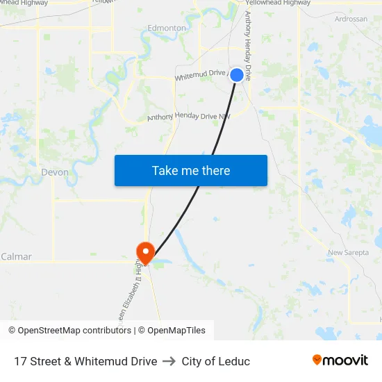 17 Street & Whitemud Drive to City of Leduc map