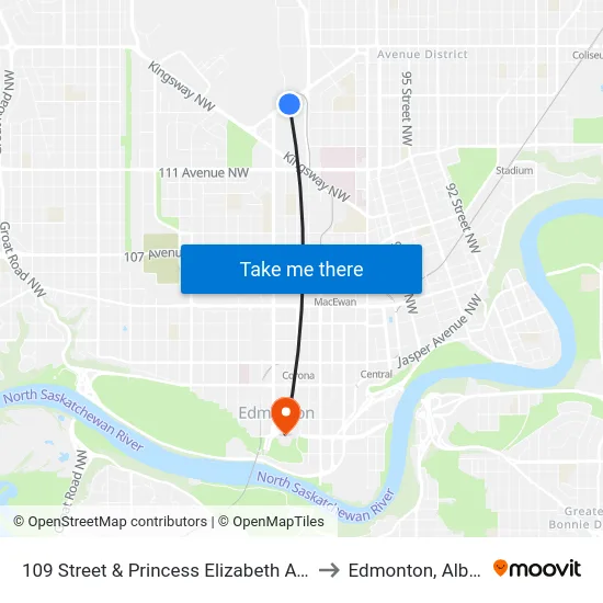 109 Street & Princess Elizabeth Avenue to Edmonton, Alberta map