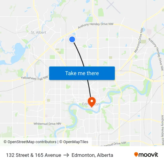 132 Street & 165 Avenue to Edmonton, Alberta map