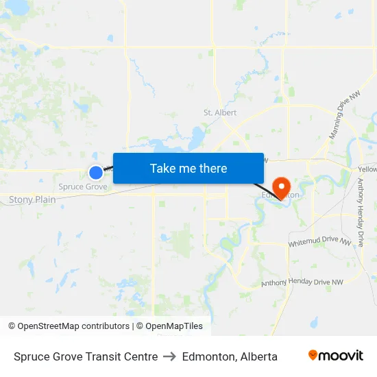 Spruce Grove Transit Centre to Edmonton, Alberta map