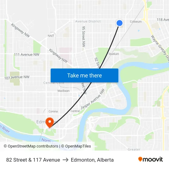 82 Street & 117 Avenue to Edmonton, Alberta map