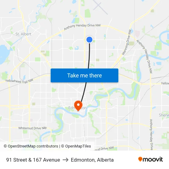 91 Street & 167 Avenue to Edmonton, Alberta map