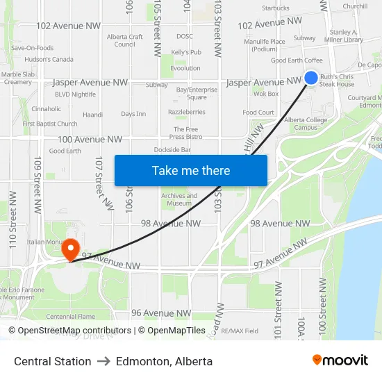 Central Station to Edmonton, Alberta map