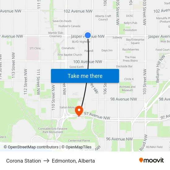 Corona Station to Edmonton, Alberta map