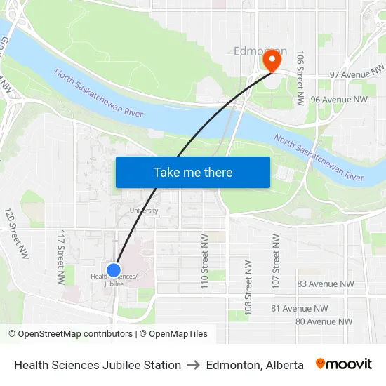 Health Sciences Jubilee Station to Edmonton, Alberta map