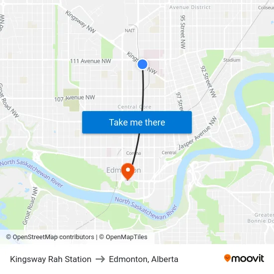 Kingsway Rah Station to Edmonton, Alberta map