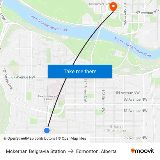 Mckernan Belgravia Station to Edmonton, Alberta map
