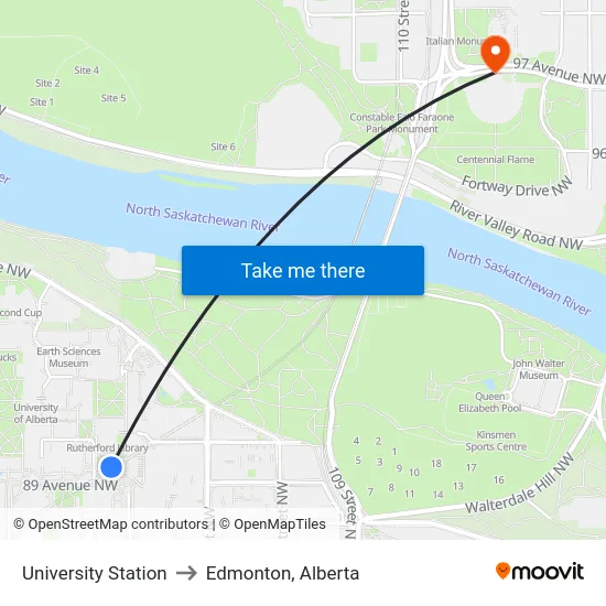 University Station to Edmonton, Alberta map