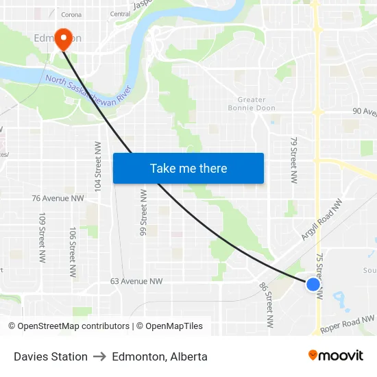 Davies Station to Edmonton, Alberta map