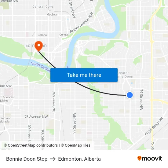 Bonnie Doon Stop to Edmonton, Alberta map