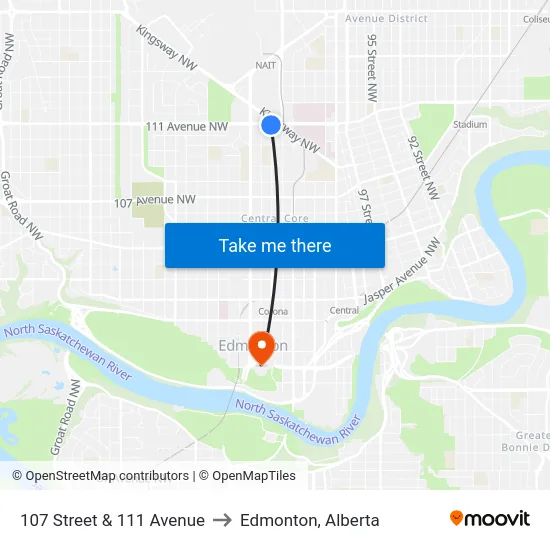 107 Street & 111 Avenue to Edmonton, Alberta map