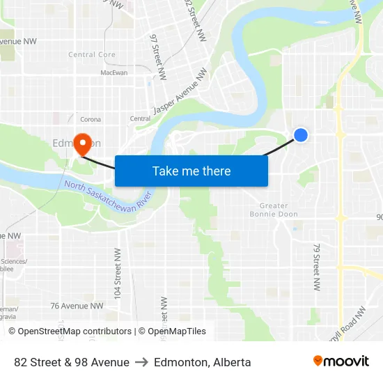 82 Street & 98 Avenue to Edmonton, Alberta map