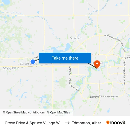 Grove Drive & Spruce Village Way to Edmonton, Alberta map