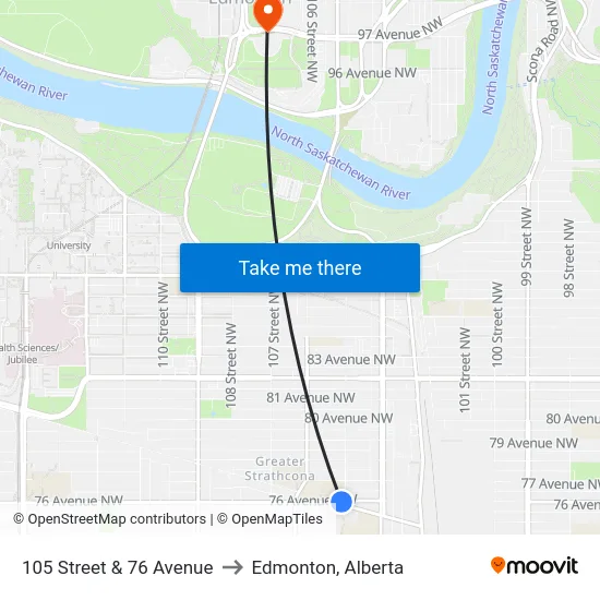 105 Street & 76 Avenue to Edmonton, Alberta map