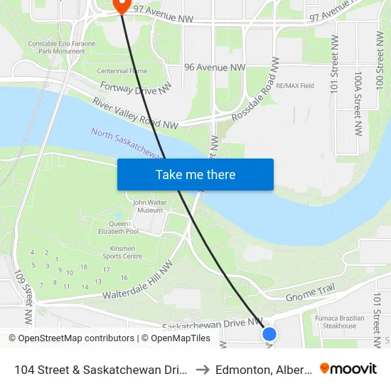 104 Street & Saskatchewan Drive to Edmonton, Alberta map