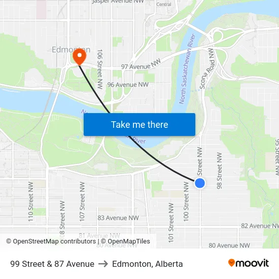 99 Street & 87 Avenue to Edmonton, Alberta map
