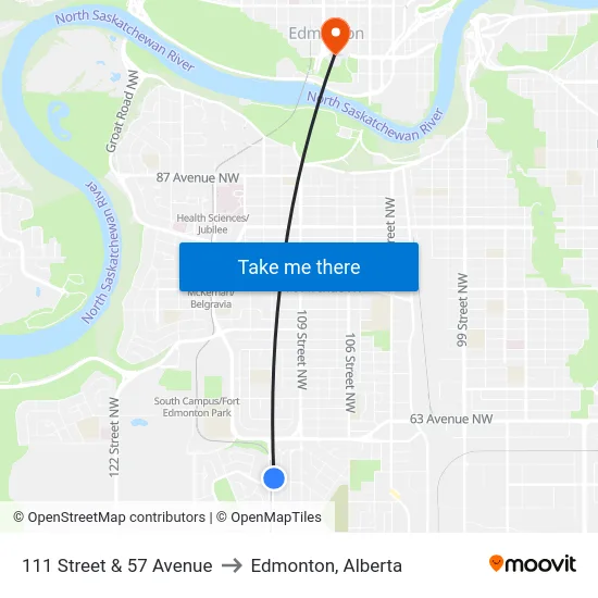 111 Street & 57 Avenue to Edmonton, Alberta map