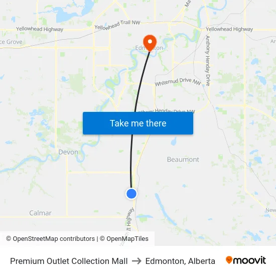 Premium Outlet Collection Mall to Edmonton, Alberta map