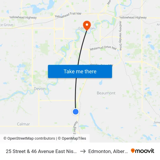 25 Street & 46 Avenue East Nisku to Edmonton, Alberta map