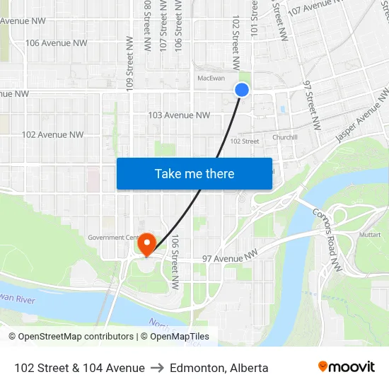 102 Street & 104 Avenue to Edmonton, Alberta map