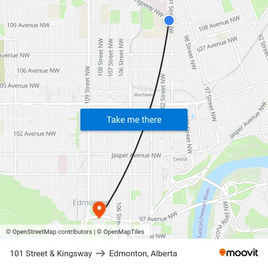 101 Street & Kingsway to Edmonton, Alberta map