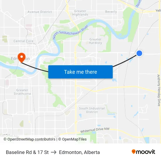 Baseline Rd & 17 St to Edmonton, Alberta map
