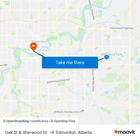 Oak St & Sherwood Dr to Edmonton, Alberta map