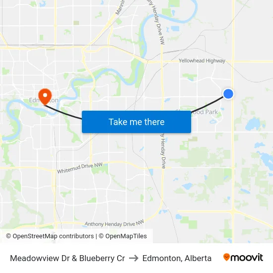 Meadowview Dr & Blueberry Cr to Edmonton, Alberta map