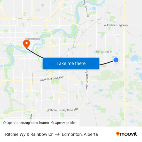 Ritchie Wy & Rainbow Cr to Edmonton, Alberta map