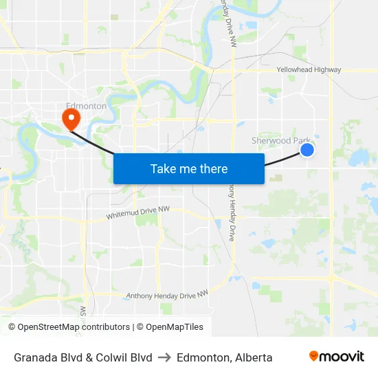 Granada Blvd & Colwil Blvd to Edmonton, Alberta map