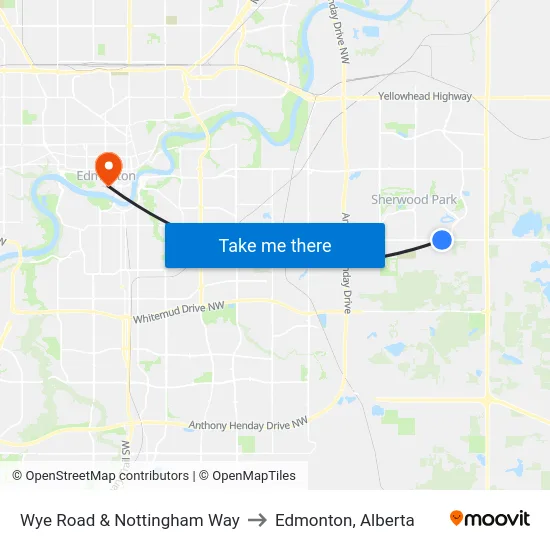 Wye Road & Nottingham Way to Edmonton, Alberta map