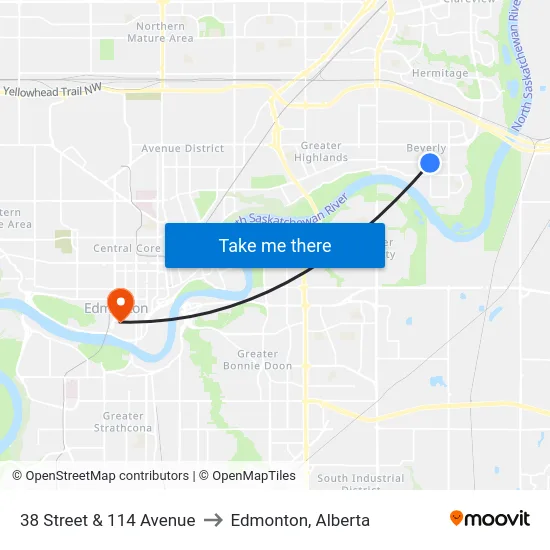 38 Street & 114 Avenue to Edmonton, Alberta map