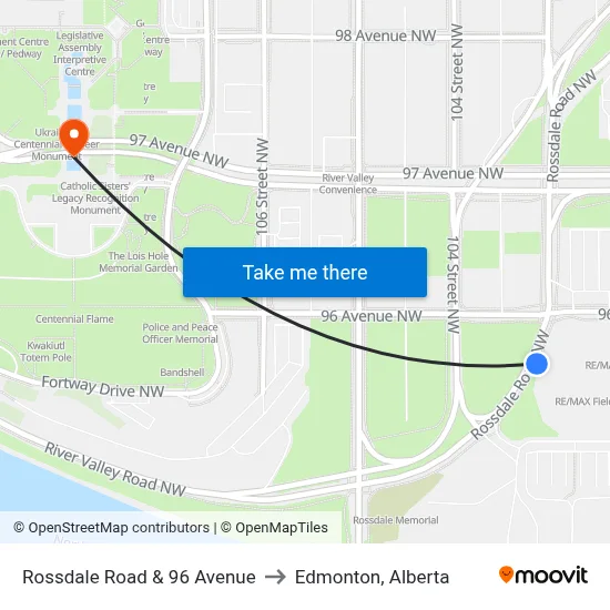Rossdale Road & 96 Avenue to Edmonton, Alberta map
