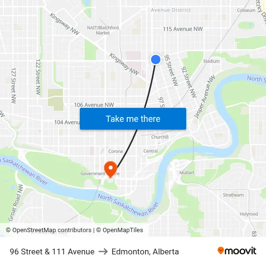 96 Street & 111 Avenue to Edmonton, Alberta map