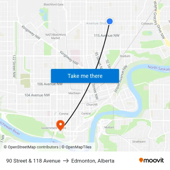 90 Street & 118 Avenue to Edmonton, Alberta map