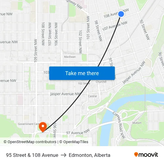 95 Street & 108 Avenue to Edmonton, Alberta map