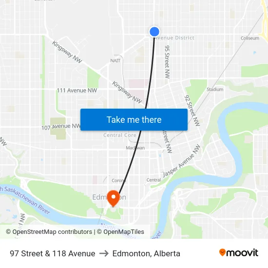 97 Street & 118 Avenue to Edmonton, Alberta map