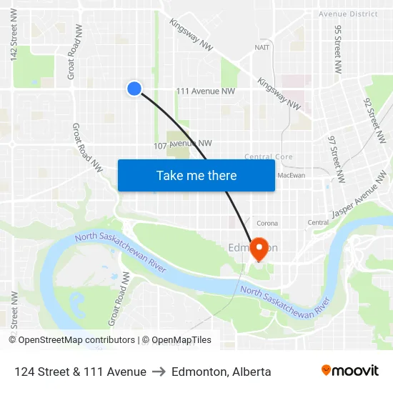 124 Street & 111 Avenue to Edmonton, Alberta map