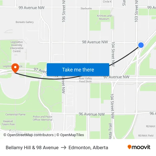 Bellamy Hill & 98 Avenue to Edmonton, Alberta map