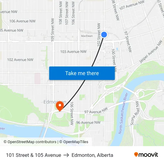 101 Street & 105 Avenue to Edmonton, Alberta map