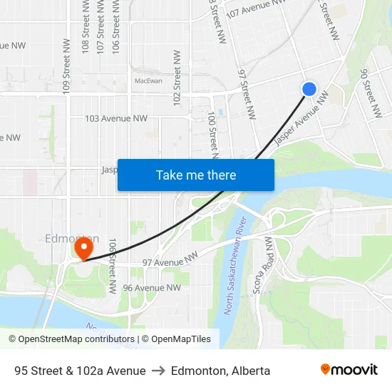 95 Street & 102a Avenue to Edmonton, Alberta map