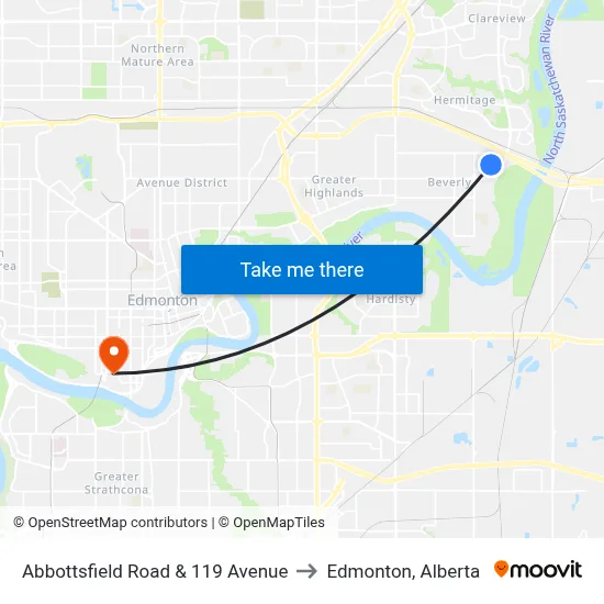Abbottsfield Road & 119 Avenue to Edmonton, Alberta map
