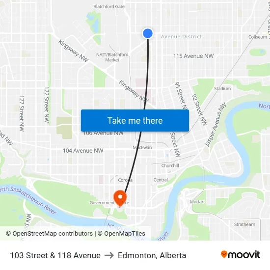 103 Street & 118 Avenue to Edmonton, Alberta map