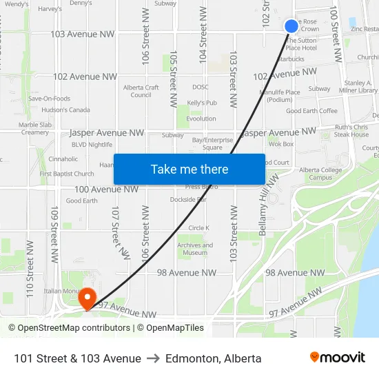 101 Street & 103 Avenue to Edmonton, Alberta map