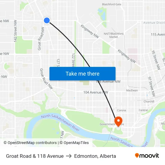 Groat Road & 118 Avenue to Edmonton, Alberta map